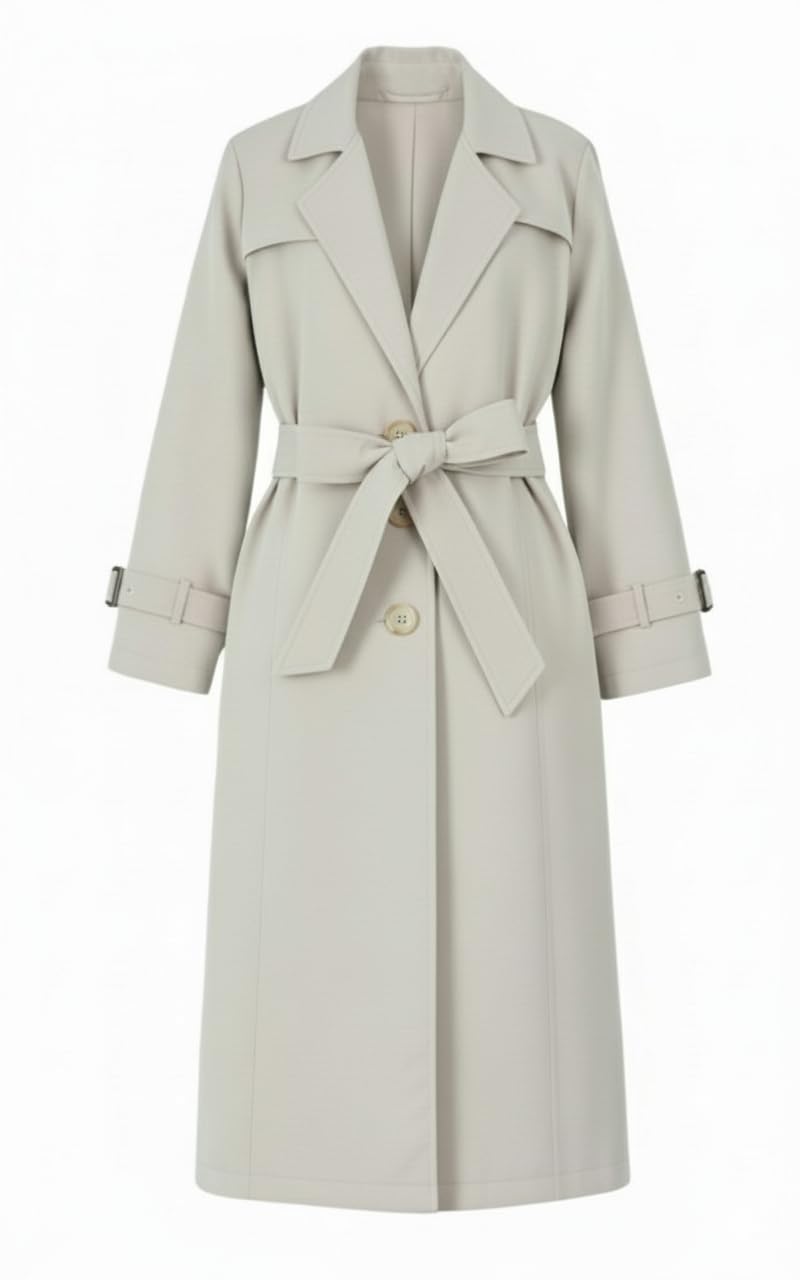 Double Breasted Trench Coat for Women, Knee Length, westren Grey, Long Sleeve, Belted, Regular Fit Women'S Double-Breasted Trench Coat Sleeve Belt Self Tie, Long coat