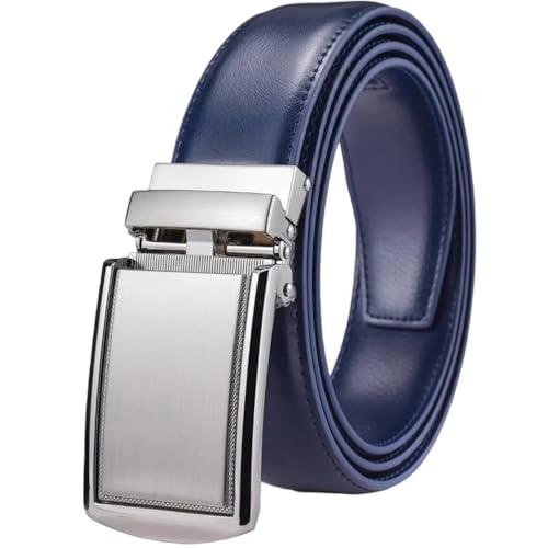 Men's Leather Ratchet Belt With Automatic Buckle 3.5Cm Wide Adjustable Dress Zd17 Sliver Blue 160cm