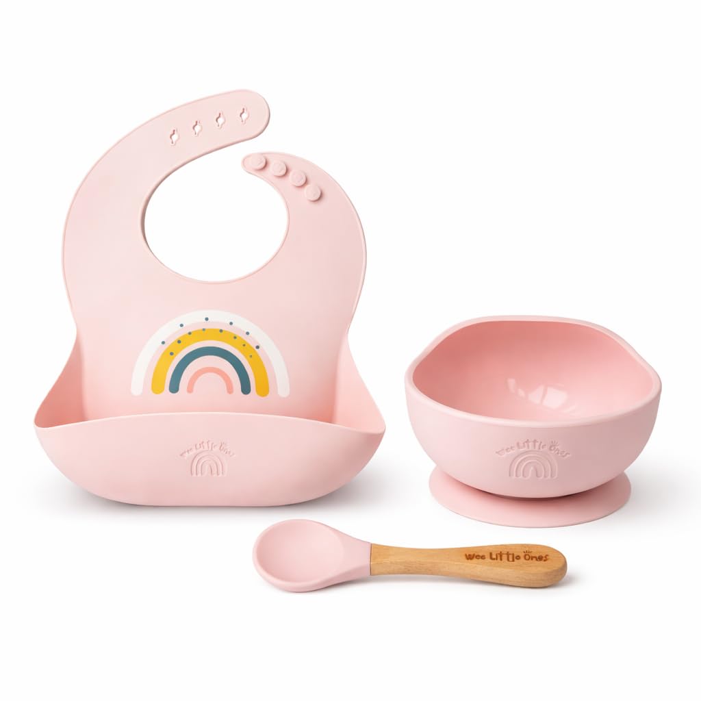 Wee Little Ones Baby Silicone Bib and Suction Bowl Set – Baby Led Weaning Feeding Set with Adjustable Bib, Food Catcher Pocket, Strong Suction Bowl &