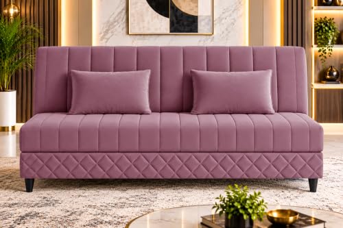 Image of Modern 3 Seater Sofa Cum Bed with Cushions, Foldable Convertible Couch, Velvet Fabric Sleeper Sofa for Living Room, Guest Room, Rose Pink
