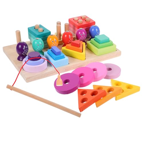 CVUTOVO 三合一木製釣り遊びおもちゃ 幼児向け形状認識 色合わせ 手と目の協調力向上 木製積み木 の日や誕生日プレゼントに