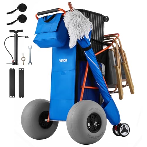 VEVOR Beach Cart with Large Wheels for Sand 165 lbs Load Capacity Heavy Duty Folding Beach Wagon with 12 Balloon Wheels Insulated Cooler Bag Umbrella Holder Holds 4 Chairs for Camping & Fishing