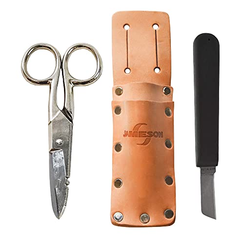 Jameson 32-22NS Cable Splicer's Kit, 3-Piece Telecom Tool Set with Notched Serrated Electrician Scissors, Cable Splicing Knife and Slotted Rawhide Leather Pouch