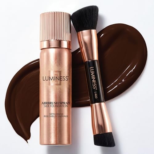 LUMINESS Silk Airbrush Spray Foundation & Buffing Brush Kit โ Full Coverage Foundation & Dual-Sided Buffing Brush - Buildable Coverage, Anti-Aging Formula Hydrates & Moisturizes (Shade - Rich Dark)