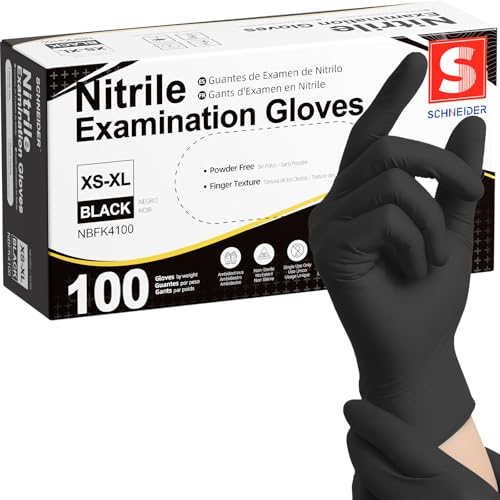 Schneider Black Nitrile Exam Gloves, Box of 100, Latex Free & Powder Free Disposable Gloves, for Medical, Food Prep & Cleaning, Medium