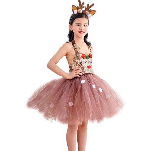 Furtryvl Disfraz de reno para niños, disfraz de de Navidad para niña, vestido de reno para niñas, disfraz de reno, trajes de baile de ballet de Navidad con diademas de cuernos de reno