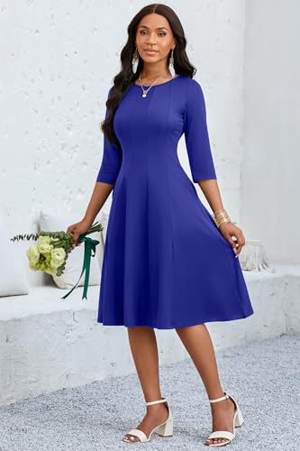 Image of CLOCOR Casual Midi Dresses for Women A-Line Fit and Flare Elegant Church 3 /4 Sleeve Crew Neck Dress with Pocket