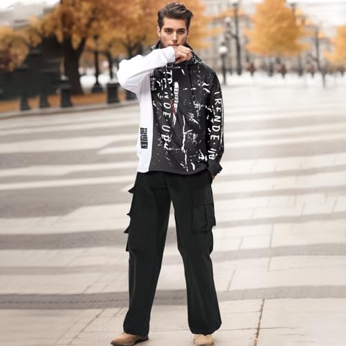 Men's Fashion Hoodies Techwear Soft Cotton Letter Print Sweatshirts, Unisex Lightweight Patchwork Hip Hop Pullover4