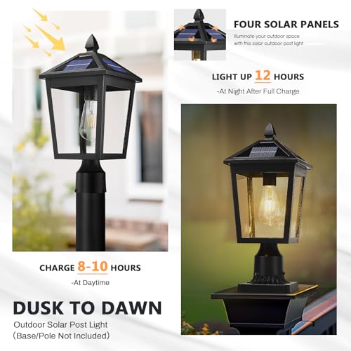 Image of zeyu 17 Inch Solar Outdoor Post Light, Outdoor Lamp Post Light Fixture with Remote, Die-Cast Aluminum with Clear Glass Shade, Black Finish, ZYX115P-SL BK