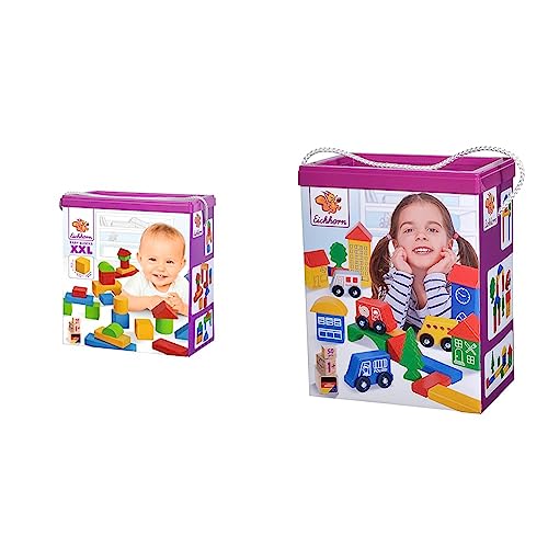 Eichhorn 50 extra große Baby Holzbausteine in der Aufbewahrungsbox mit Kordel & - 50 Bunte Holzbausteine City Blocks mit Druck, in der Aufbewahrungsbox mit Kordel und Sortierdeckel