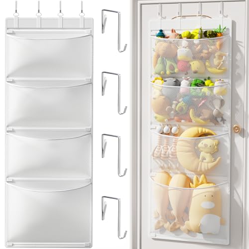 Criusia Stuffed Animal Storage Over the Door Organizer with 4 Mesh Pockets Toy Organizers and Storage for Nursery Baby Supplies Hanging Door Organizer for Kids Room & Playroom Organization White