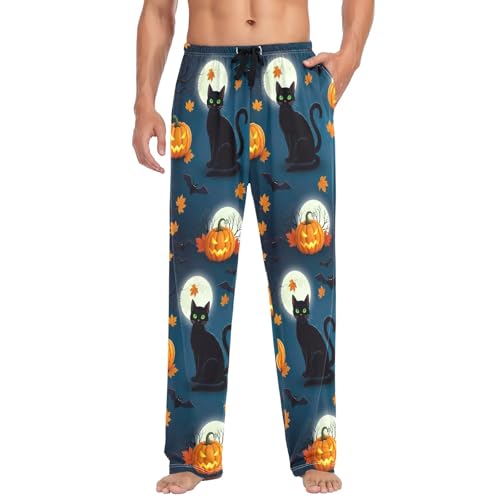 Men's Cotton Pajama Bottoms Sleep Pants with Pockets Soft Pajama Pants, Halloween Black Cat Pumpkin