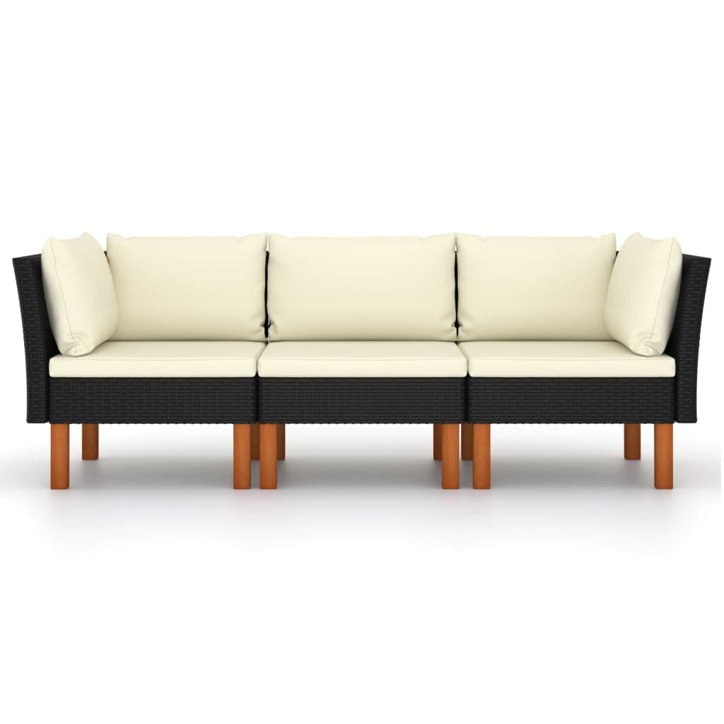 Divano da giardino a 3 posti, con cuscino, nero, in polyrattan, per esterni, set di mobili da giardino, per giardini, terrazze e balconi