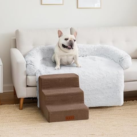 GGIB 3-Step Brown Dog Stairs and Grey Large Calming Dog Bed Fluffy Plush Dog Mat for Sofa, High Bed Pet Steps for Small Dogs with Removable Washable Cover Cover