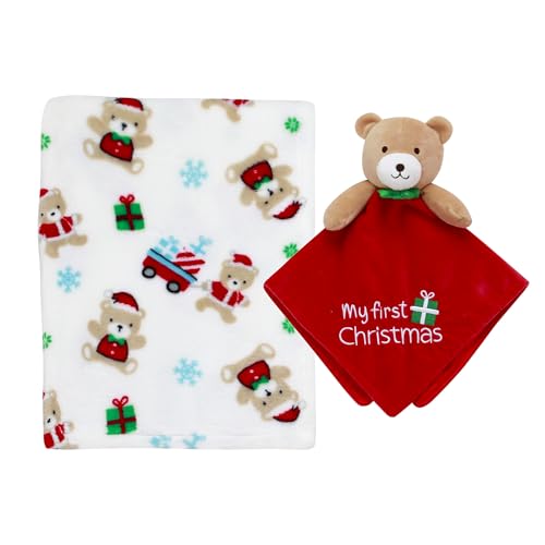 2-Piece Cuddle Plush Toy and Baby Blanket Gift Set My First Christmas Embroidery (Red Bear Print 30x 34)