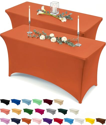 Image of Utopia Kitchen Spandex Tablecloth 2 Pack [6FT, Orange] Tight, Fitted, Washable and Wrinkle Resistant Stretch Table Cloth Rectangle Cover for Trade Show, Weddings & Parties [72Lx30Wx30H Inch]