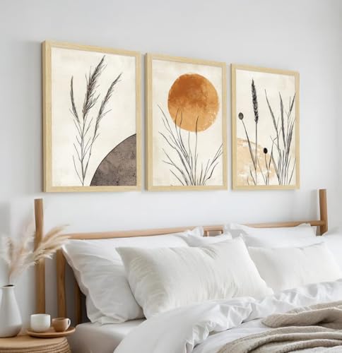 Image of ArtX Paper Boho Paintings For Wall Decoration, Home Decor Wall Art, Hotel Wall Painting for Living Room, Multicolor, Natural Wood Color Frames, 12.0x18.0 inch, Set of 3