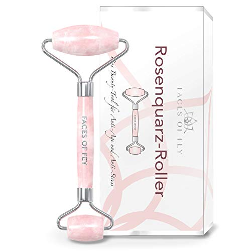 Rosenquarzroller FACES OF FEY – Premium Gesichtsroller aus echtem Rosenquarz – hochwertiger Beauty-Roller zur Massage für das Gesicht