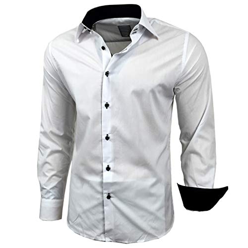 Camisa de manga larga de Baxboy, para hombre, colores de contraste, corte ajustado de negocios, RN-44-2 blanco/negro XL