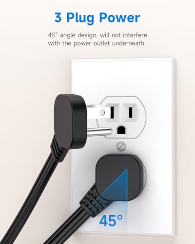 Image of Flat Plug Short Extension Cord 1Ft Low Profile Adapter 3 Prong Indoor Small Grounded Power Cable Outlet Saver 16AWG 13A 1625W Black 2 Pack