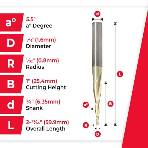 Image of Amana Tool Up Cut Spiral CNC Router Bits for 2D /3D Carving, ZrN Coated, 46252, 5.5 Deg Tapered Angle Ball Tip x 1 /16 D x 1 /32 R x 1 x 1 /4 Shank x 2 Fl