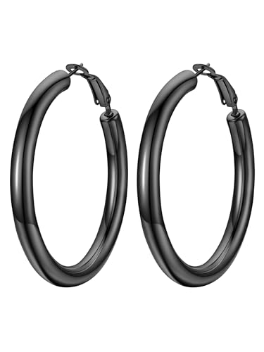 Image of Stainless Steel Chunky Hoop Earrings For Women, Minimalist and Chic, Black /Gold Plated, Round Hoops Earrings Hypoallergenic, Size: 30mm /40mm /60mm /80mm, Come with Box