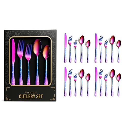 Image of aDai Premium 20 Piece Stainless Steel Cutlery Set | Floral Handle | Includes Spoon Fork Knife Teaspoon | Perfect for Corporate Gifting (Rainbow)