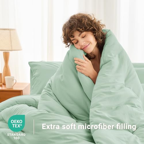 MUXHOMO 5 Pieces Twin XL Comforter Set, Soft Bed in a Bag Twin XL Size, All Season Bedding Set with Comforter, Flat Sheet, Fitted Sheet, Pillowcases & Shams, Sage Green