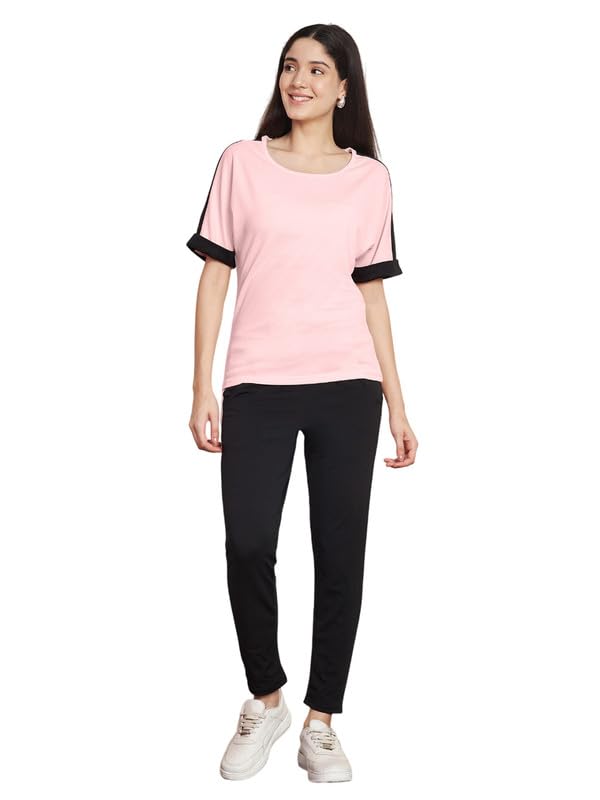 Polyester Blend Black Color Shoulder Stripes Tracksuit | Night Wear Suit For Women