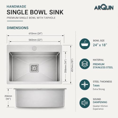 Image of ARQUIN Kitchen Sink 24x18x10 Inch Handmade Single Bowl Tap Hole Matt Finish Kitchen Sink 304 Grade Stainless Steel Kitchen Sinks | Sink For Kitchen Basin Square Drainer and Adjustable Fruit Basket