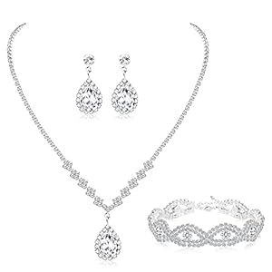 Jstyle Silver Bridal Jewelry Set for Women Rhinestone Necklace Dangle Earrings Bracelet Set Wedding Jewelry Sets for Brides Bridesmaid Crystal Prom Costume Jewelry Accessories for Women