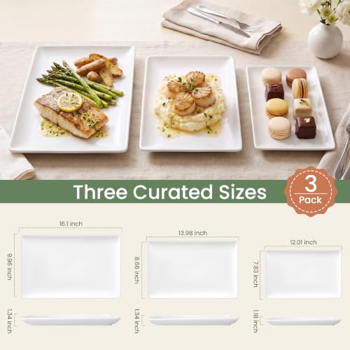 Kassel Ceramic Serving Platter Set 16”/14”/12” White Porcelain Serveware for Parties & Entertaining - Decorative Oven-Safe Serving Dishes & Platters for Food, Cookies, Meat & Turkey Rectangular Large - Image 2