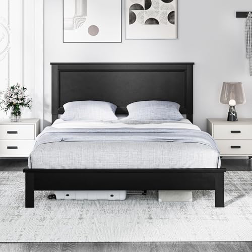 Image of GIANTEX Wood Queen Platform Bed Frame with Headboard, Mid Century Bed Frame with Solid Wood Legs & Wooden Slat Support, Easy Assembly Supports 500 LBS, Black Bed
