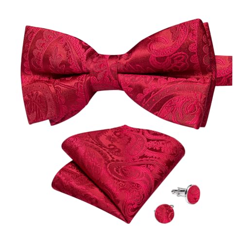 Image of DiBanGu Paisley Pre-Tied Bow Ties for Men Silk Adjustable Bowtie and Pocket Square Cufflinks for Wedding Party