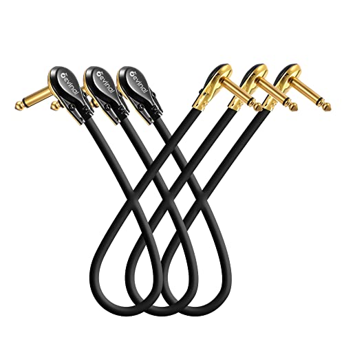 Flat Guitar Patch Cables, Devinal Pedal Boards Cord 1 Feet Kit Gold Plated, Instrument Effects Adapter Set 3 Pack, 1/4 Mono Right Angle Pancake Type Connectors, Ts Low-Profile Plug #TOP9