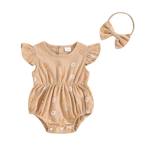 Newborn Baby Girls Daisy Printed Clothes Pleated Ruffled Sleeve Romper Cute Summer Outfit with Headband