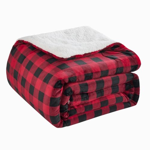 CHOSHOME Sherpa Fleece Blanket- Thick Warm Blanket for Winter, Soft Fuzzy Plush Blanket for Bed, Couch, Travel (Checker Red, King 90" x 108")