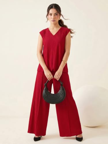 Image of Selvia Lycra Red V Neck Top and Trouser Set, Co ord Set for Women Stylish