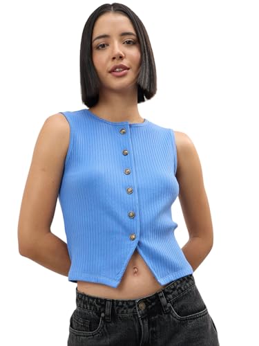 Image of Sassafras Women's Round Neck Button Down Sleeveless Top