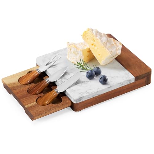 Premium Käsebrett aus Akazienholz mit Marmor-Oberfläche – inkl. Käsemesser-Set – Elegantes Charcuterie Board für Käse, Antipasti & Weinabende...