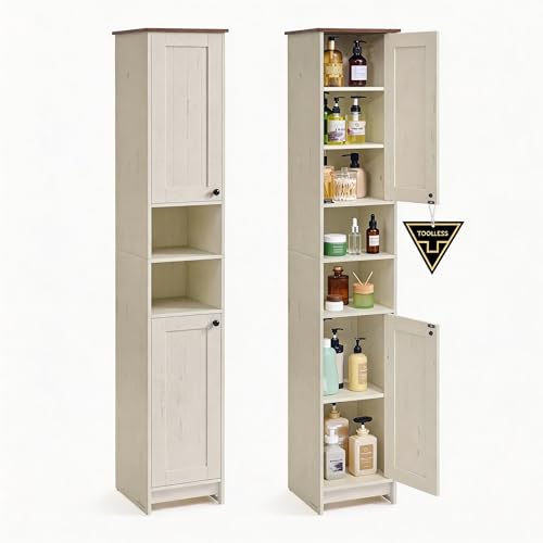 SONGMICS HOME 67-Inch Tall Bathroom Storage Cabinet, Superfast Toolless Assembly, 11.8-Inch Wide Slim Narrow Freestanding Cabinet with Adjustable Shelves, Kitchen Living Room, Rustic White
