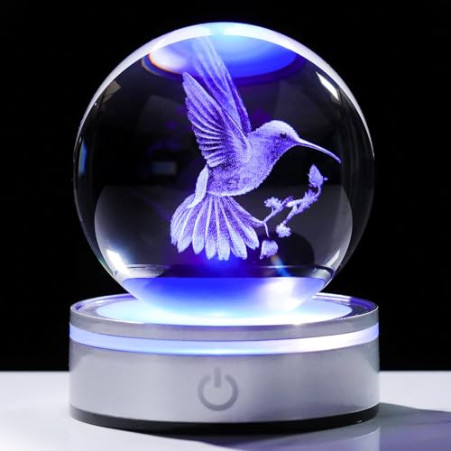 Boule de cristal 3D colibri en verre K9 gravé avec socle lumineux