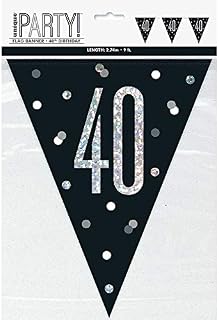 Unique 83427 Black Prismatic Polka Dots 40th Birthday Plastic Pennant Banner, 9 Ft 1 Pc, Age 40