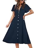 ROYLAMP Women's Button Up Split Dress Deep V Short Sleeve Casual Summer Flowy Midi Dress with Pockets Navy Blue L
