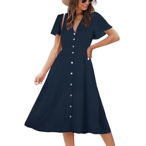 ROYLAMP Women's Floral Button Up Split Dress Deep V Short Bell Sleeve Casual Midi Dress with Pockets Large Navy Blue