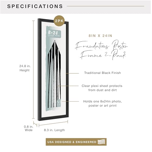 Image of MCS Foundation 8x24 Poster Frame Traditional Black, Vertical & Horizontal Wall Hanging Large Picture Frame for Photos, Posters & Art Prints (2-Pack)
