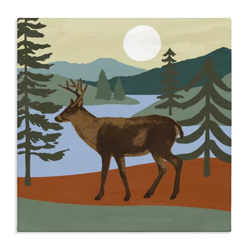 Lakeside Mountain Deer Forest, 24 x 24 Inch Canvas Wall Art