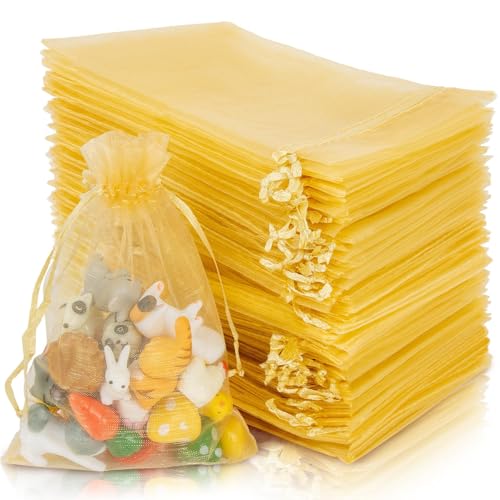 Image of Sukh 100PCS Gold Organza Bags 4 inchx6 inch Small Organza Sachet Jewelry Gift Favor Bags Drawstring Mesh Bags Gifts Valentines Wedding Eve Christmas Wrap