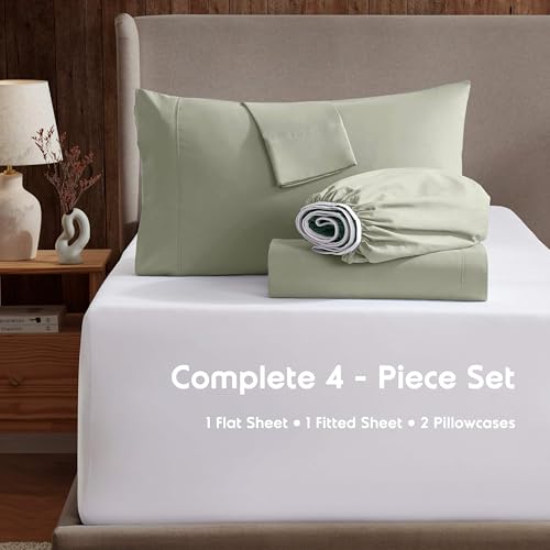 Image of Nestl Full XL Bed Sheet Set - Light Green - 4-Piece Deep Pocket | Instantly Soft, Night-One Ready (No Wash Required). Fits 16-Inch Deep Pockets, 360-Degree Elastic Grip