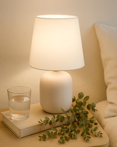 Image of Homesake Modern Small Ceramic Table Lamp, Classic Bedside Desk lamp for Living Room Bedroom, Farmhouse Nightstand Lamps with Fabric Shade (Dovel White)